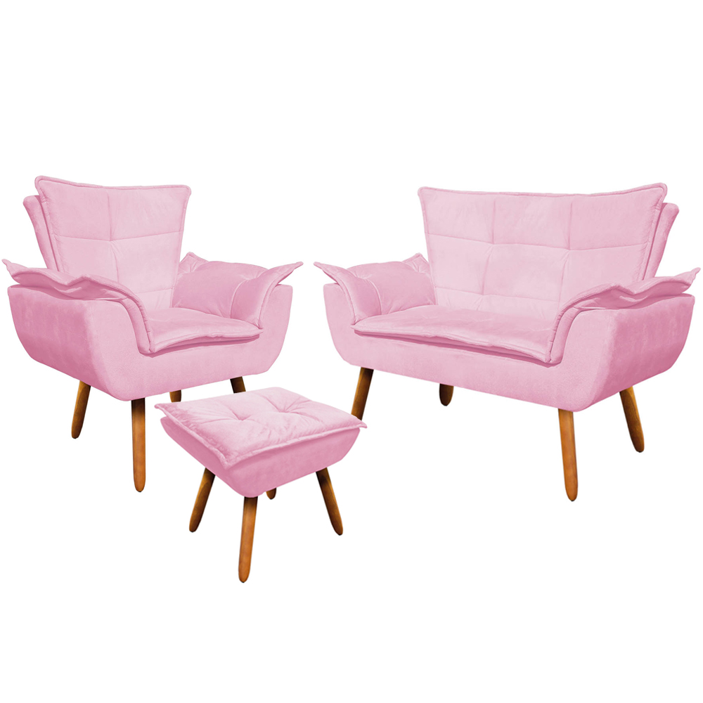 Conjunto Poltrona Puff e Namoradeira Pés Palito Charger Suede Rosa G19 - Gran Belo