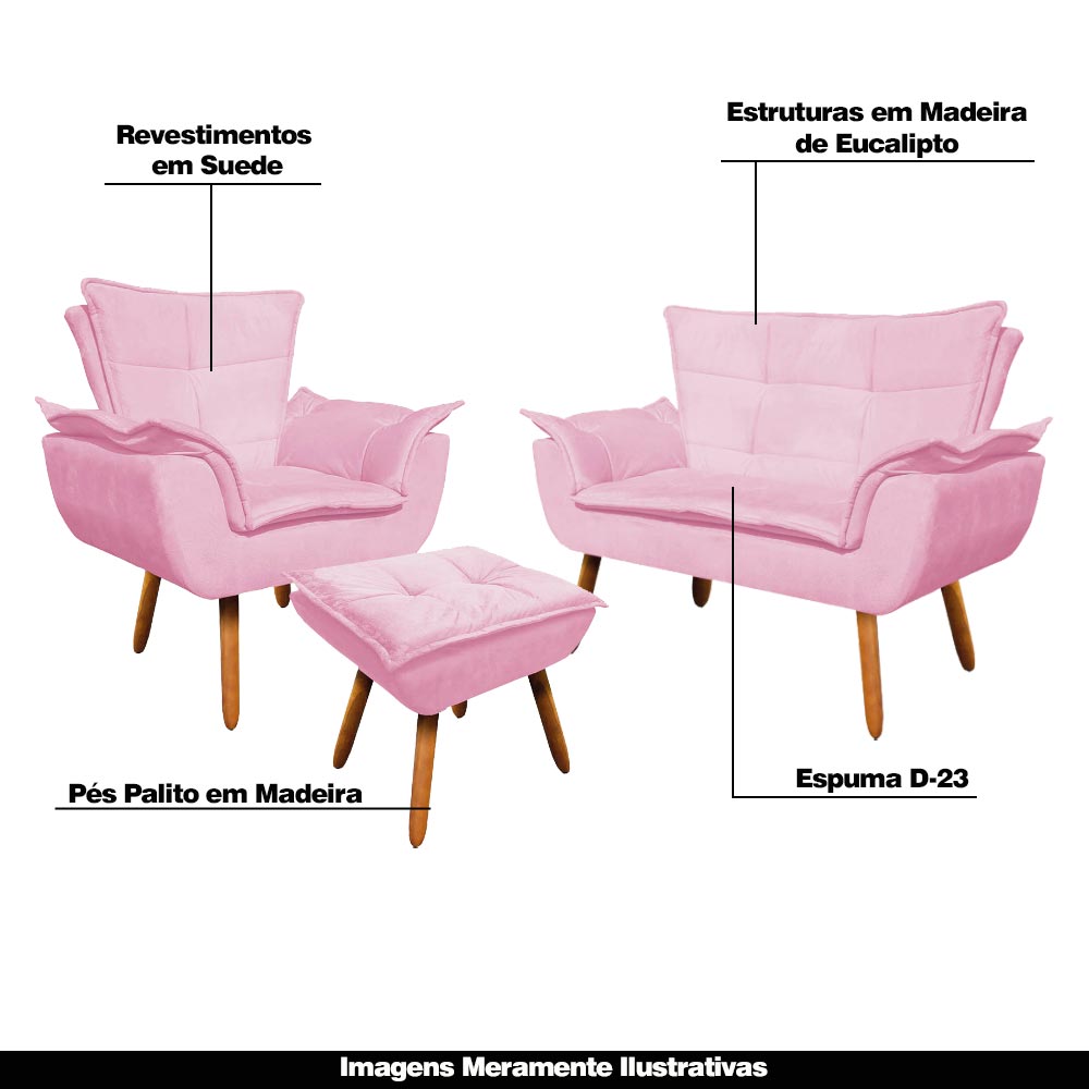Conjunto Poltrona Puff e Namoradeira Pés Palito Charger Suede Rosa G19 - Gran Belo