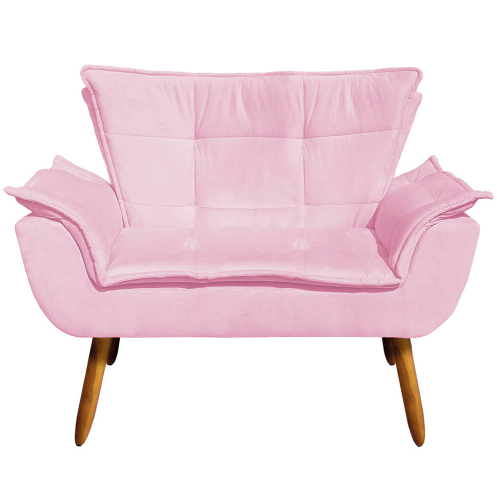 Conjunto Poltrona Puff e Namoradeira Pés Palito Charger Suede Rosa G19 - Gran Belo