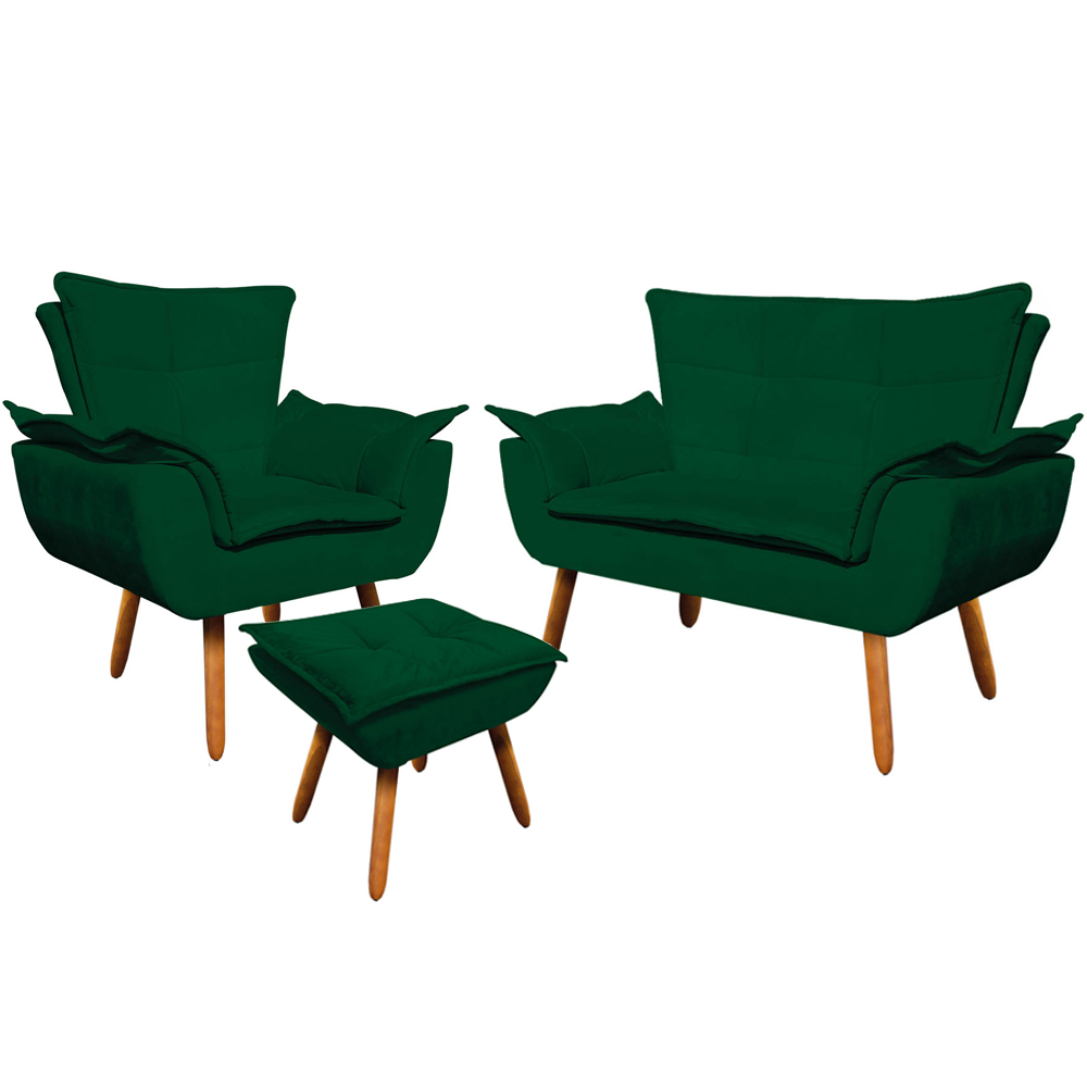 Conjunto Poltrona Puff e Namoradeira Pés Palito Charger Suede Verde G19 - Gran Belo