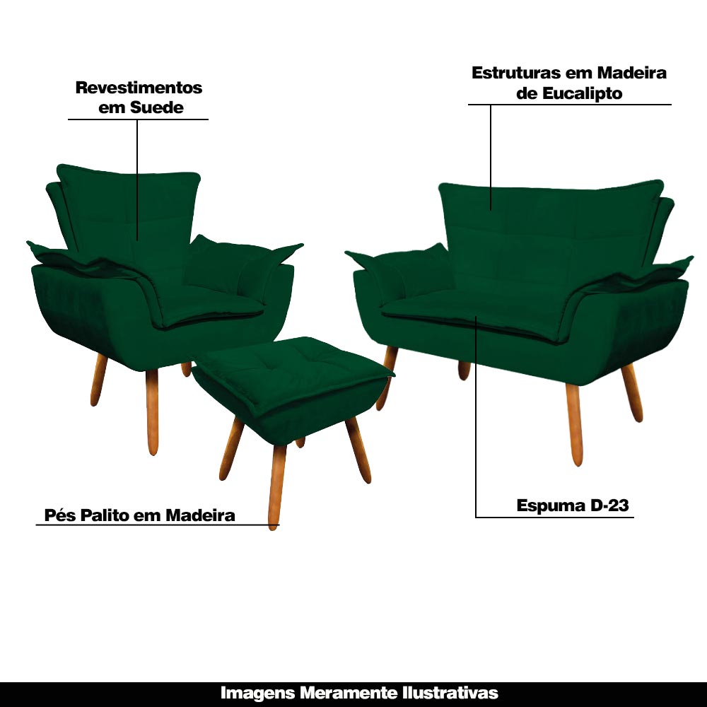 Conjunto Poltrona Puff e Namoradeira Pés Palito Charger Suede Verde G19 - Gran Belo