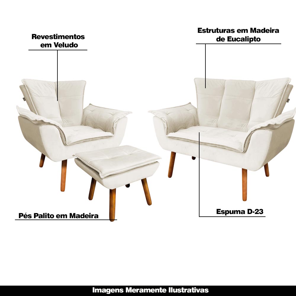 Conjunto Poltrona Puff e Namoradeira Pés Palito Charger Veludo Bege G19 - Gran Belo