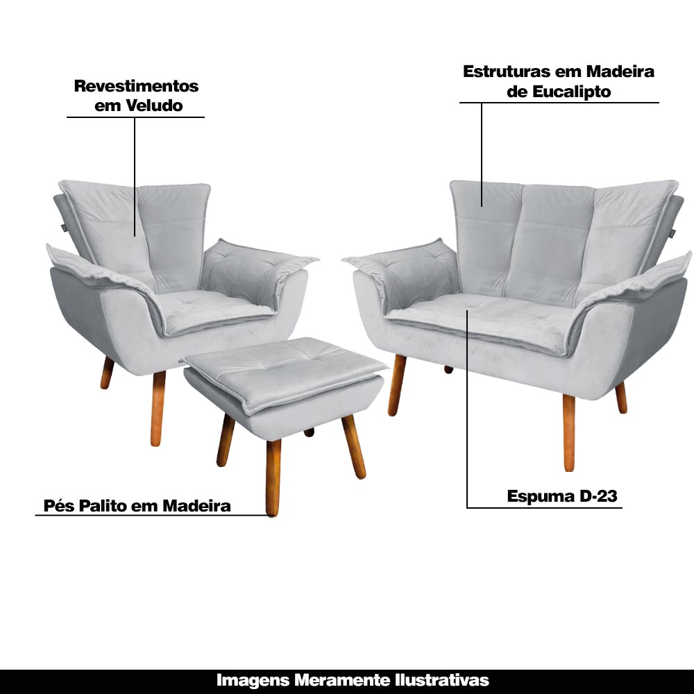 Conjunto Poltrona Puff e Namoradeira Pés Palito Charger Veludo Cinza G19 - Gran Belo