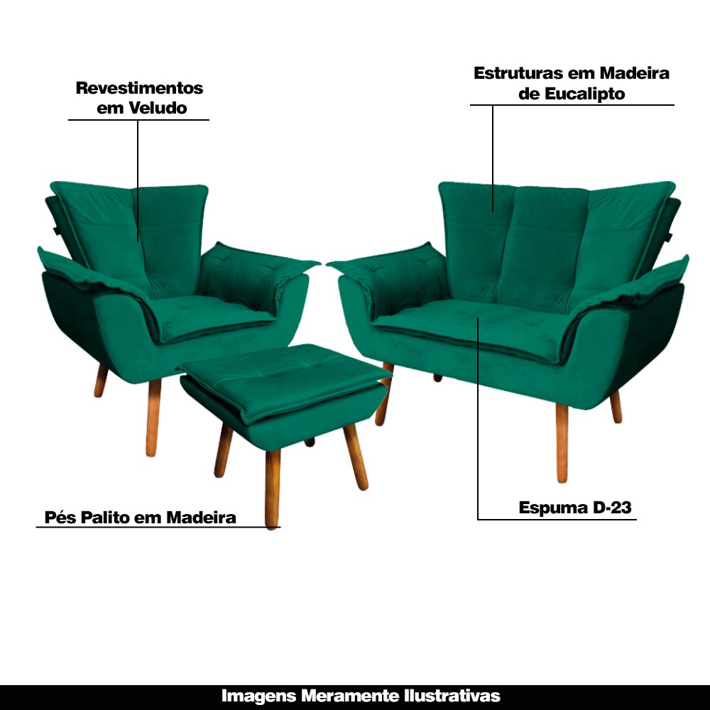 Conjunto Poltrona Puff e Namoradeira Pés Palito Charger Veludo Verde G19 - Gran Belo