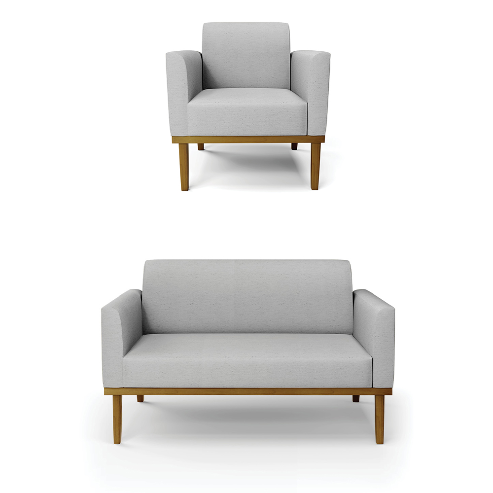 Conjunto Poltrona e Namoradeira Decorativa Isabella Pés Fixo em Madeira Castanho Linho Cinza G19 - Gran Belo