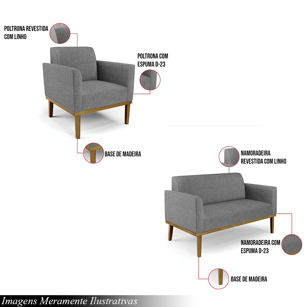 Conjunto Poltrona e Namoradeira Decorativa Isabella Pés Fixo em Madeira Castanho Linho Cinza Mesclado G19 - Gran Belo