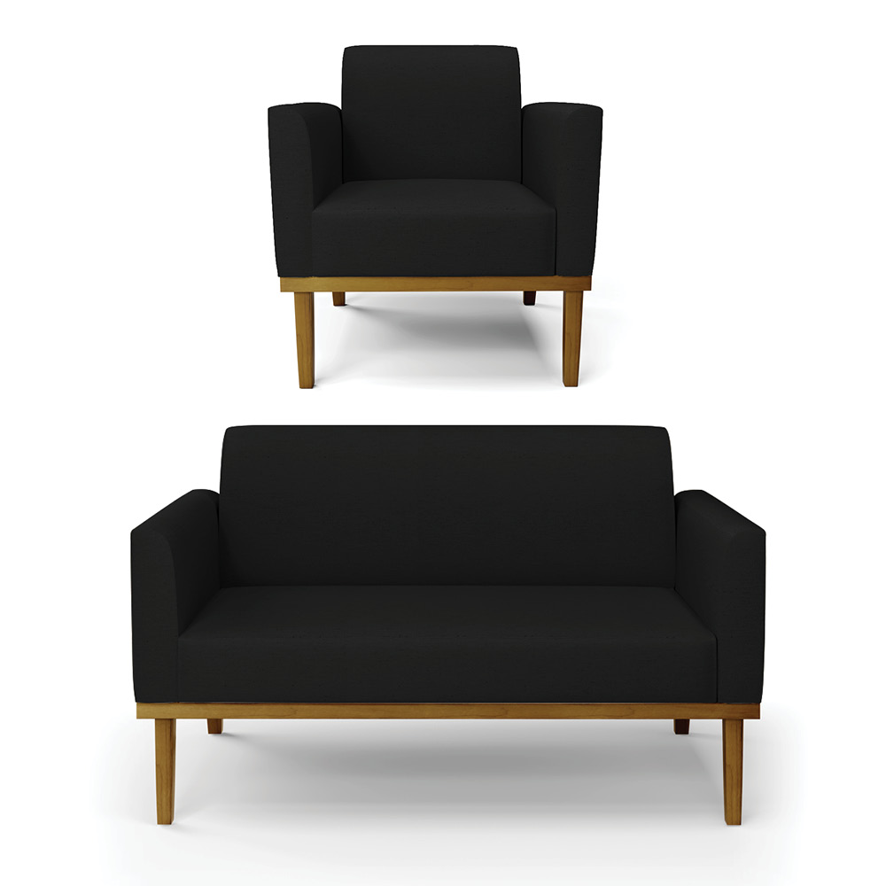 Conjunto Poltrona e Namoradeira Decorativa Isabella Pés Fixo em Madeira Castanho Linho Preto G19 - Gran Belo