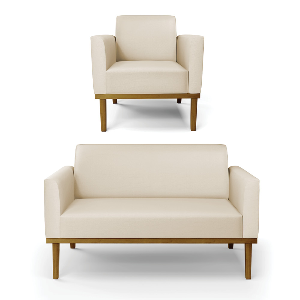 Conjunto Poltrona e Namoradeira Decorativa Isabella Pés Fixo em Madeira Castanho PU Bege G19 - Gran Belo