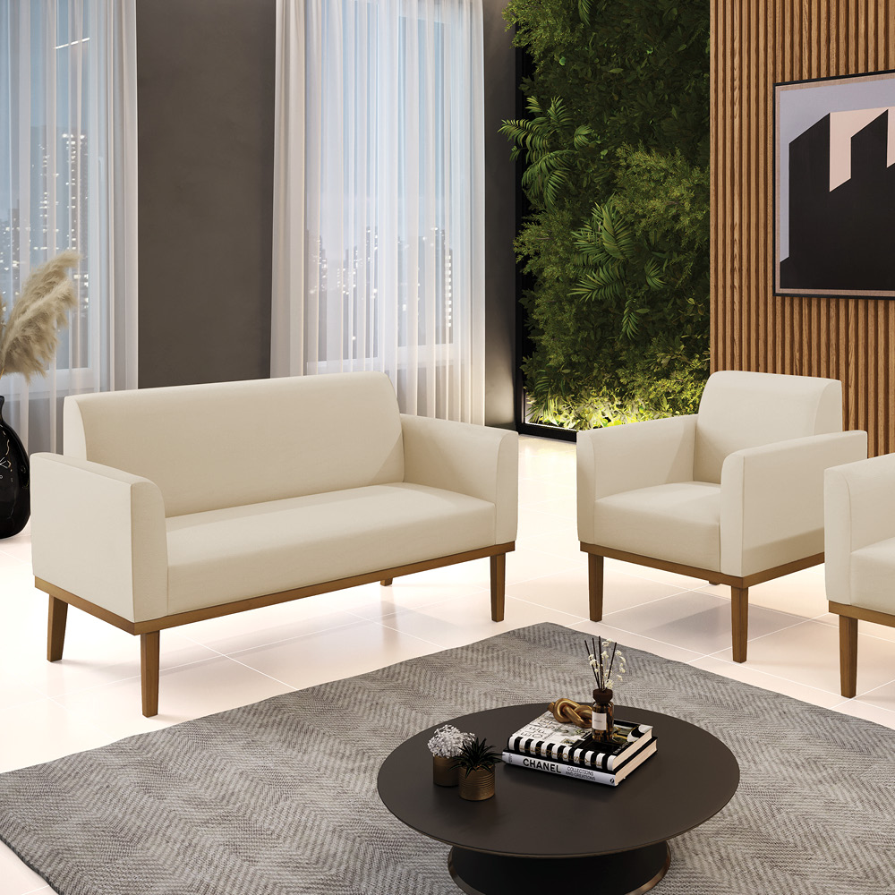 Conjunto Poltrona e Namoradeira Decorativa Isabella Pés Fixo em Madeira Castanho PU Bege G19 - Gran Belo