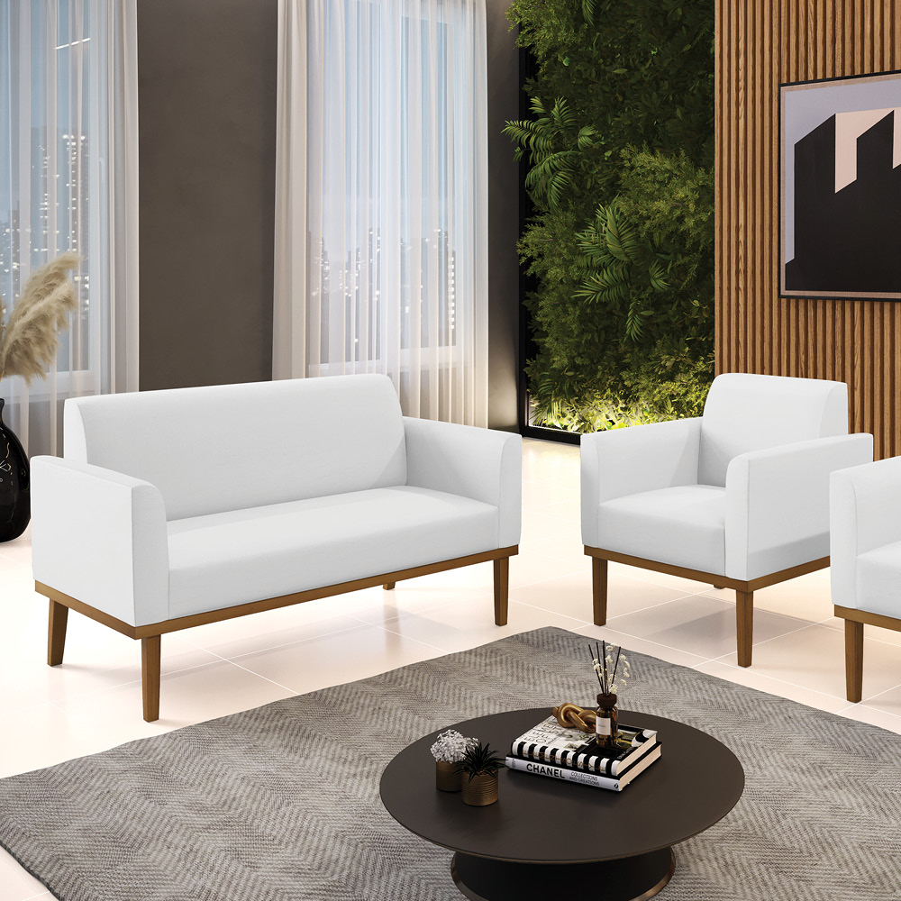 Conjunto Poltrona e Namoradeira Decorativa Isabella Pés Fixo em Madeira Castanho PU Branco G19 - Gran Belo