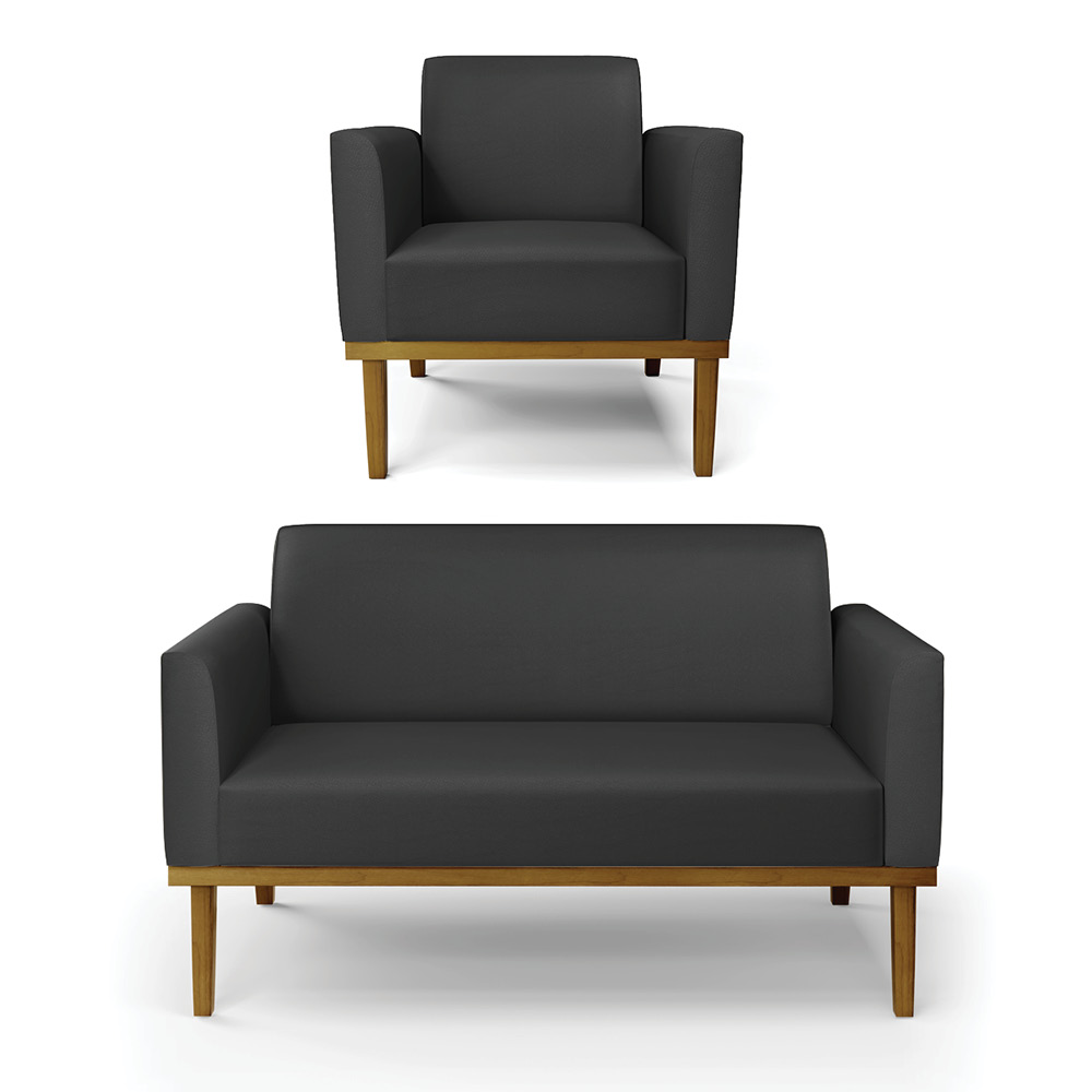 Conjunto Poltrona e Namoradeira Decorativa Isabella Pés Fixo em Madeira Castanho PU Preto G19 - Gran Belo