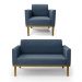 Conjunto Poltrona e Namoradeira Decorativa Isabella Pés Fixo em Madeira Castanho Suede Azul Marinho G19 - Gran Belo