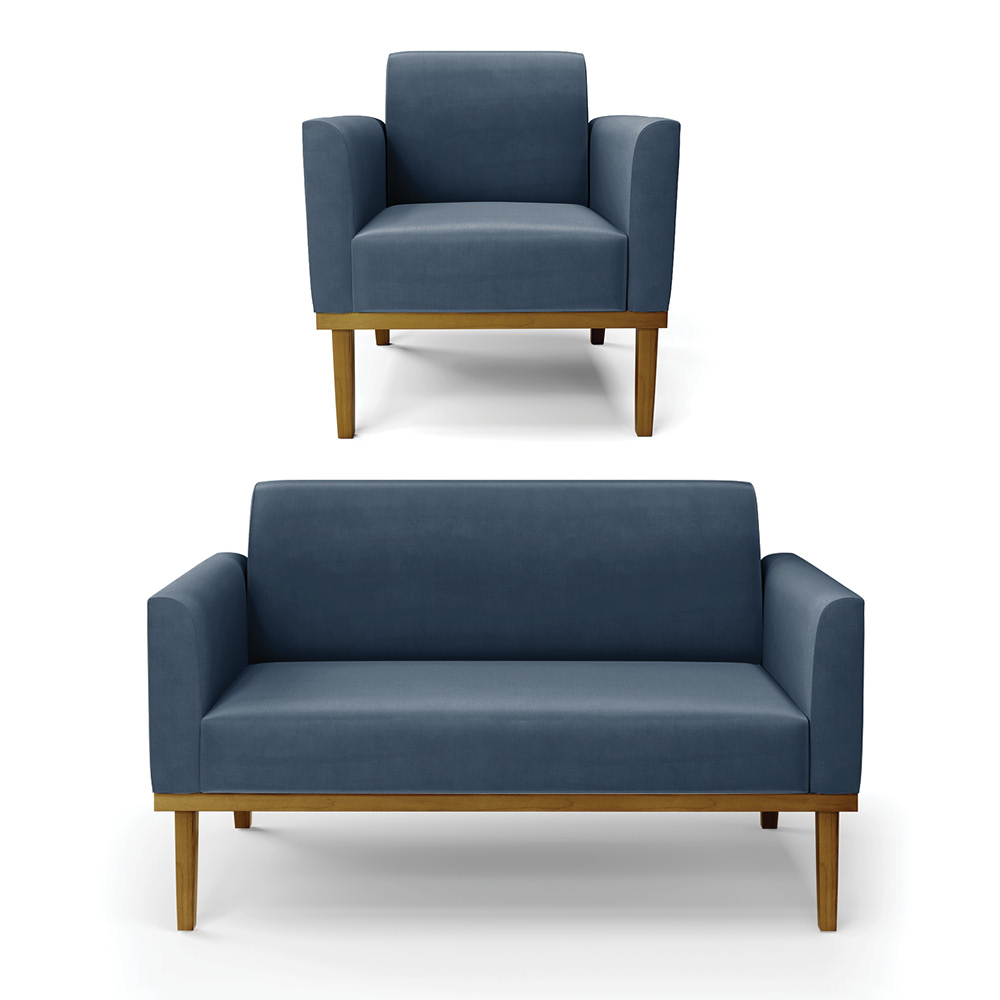 Conjunto Poltrona e Namoradeira Decorativa Isabella Pés Fixo em Madeira Castanho Suede Azul Marinho G19 - Gran Belo