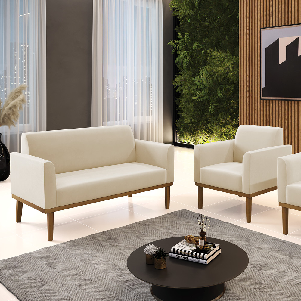 Conjunto Poltrona e Namoradeira Decorativa Isabella Pés Fixo em Madeira Castanho Suede Bege G19 - Gran Belo
