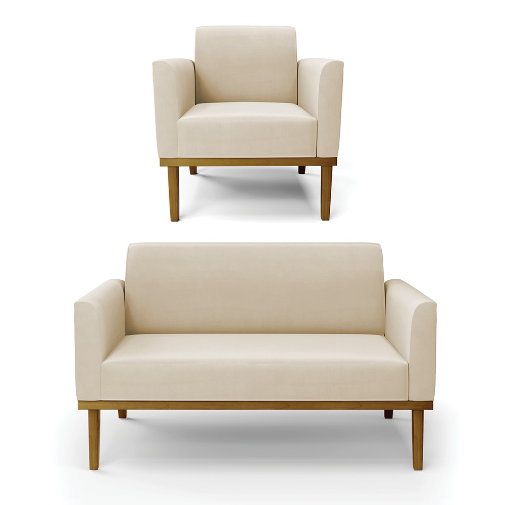 Conjunto Poltrona e Namoradeira Decorativa Isabella Pés Fixo em Madeira Castanho Suede Bege G19 - Gran Belo
