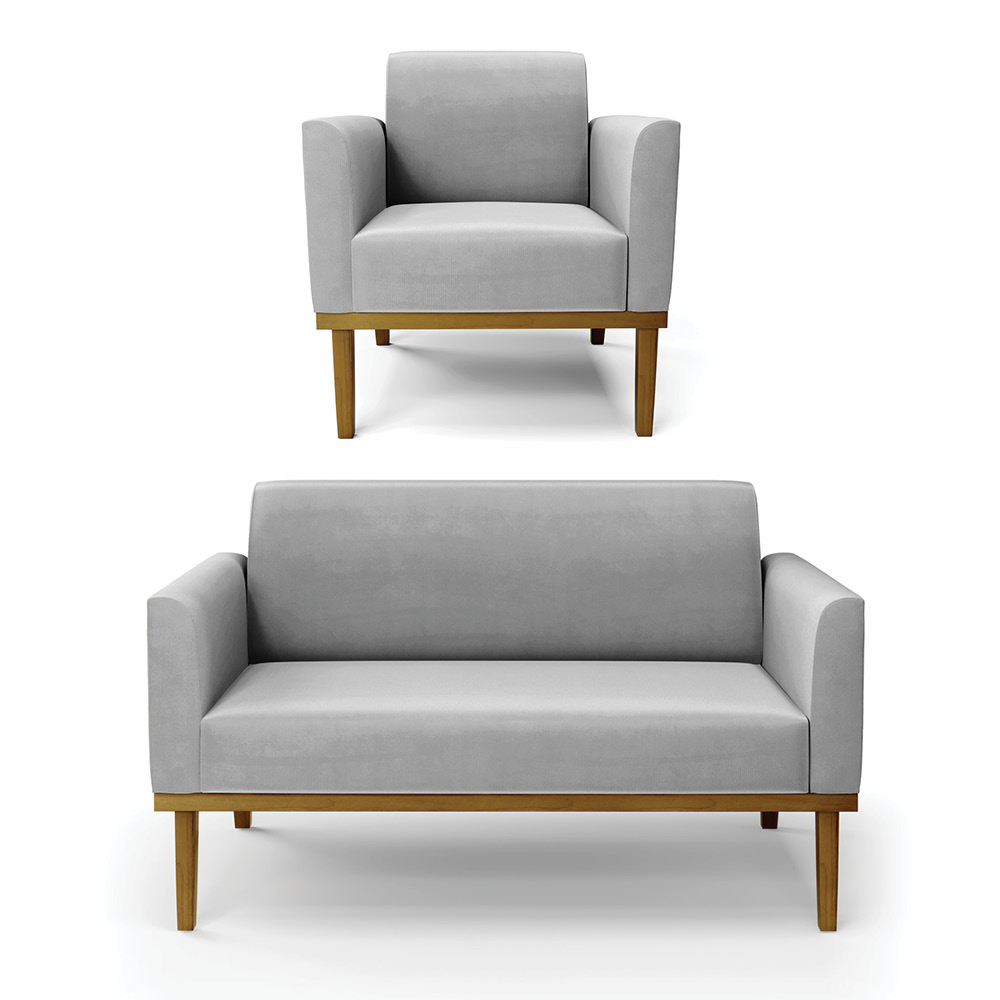 Conjunto Poltrona e Namoradeira Decorativa Isabella Pés Fixo em Madeira Castanho Suede Cinza G19 - Gran Belo