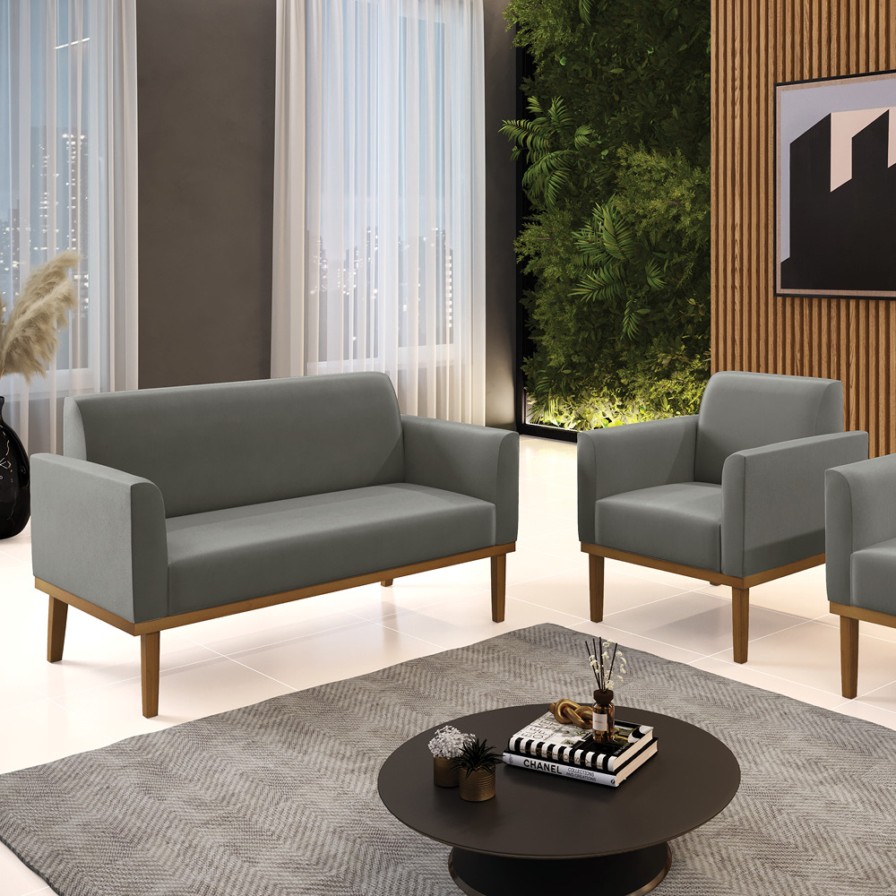 Conjunto Poltrona e Namoradeira Decorativa Isabella Pés Fixo em Madeira Castanho Suede Grafite G19 - Gran Belo