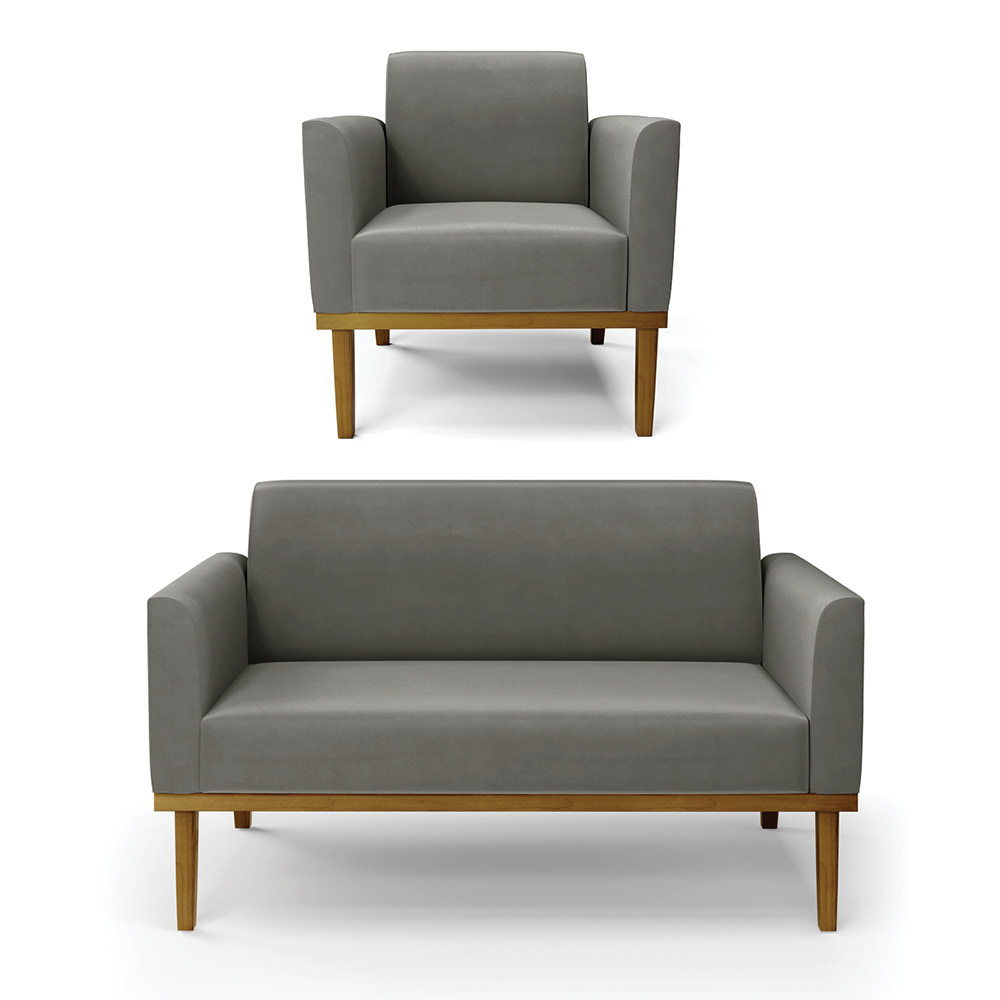 Conjunto Poltrona e Namoradeira Decorativa Isabella Pés Fixo em Madeira Castanho Suede Grafite G19 - Gran Belo
