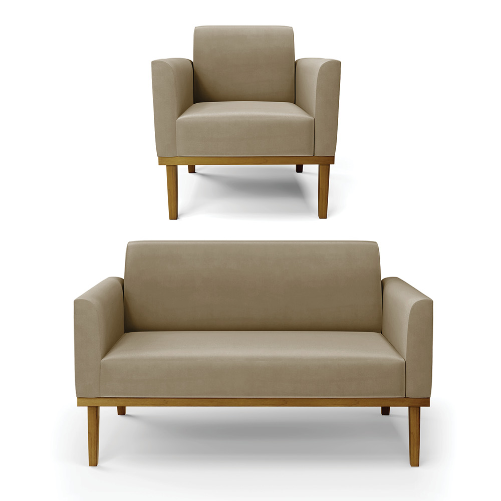 Conjunto Poltrona e Namoradeira Decorativa Isabella Pés Fixo em Madeira Castanho Suede Nude G19 - Gran Belo