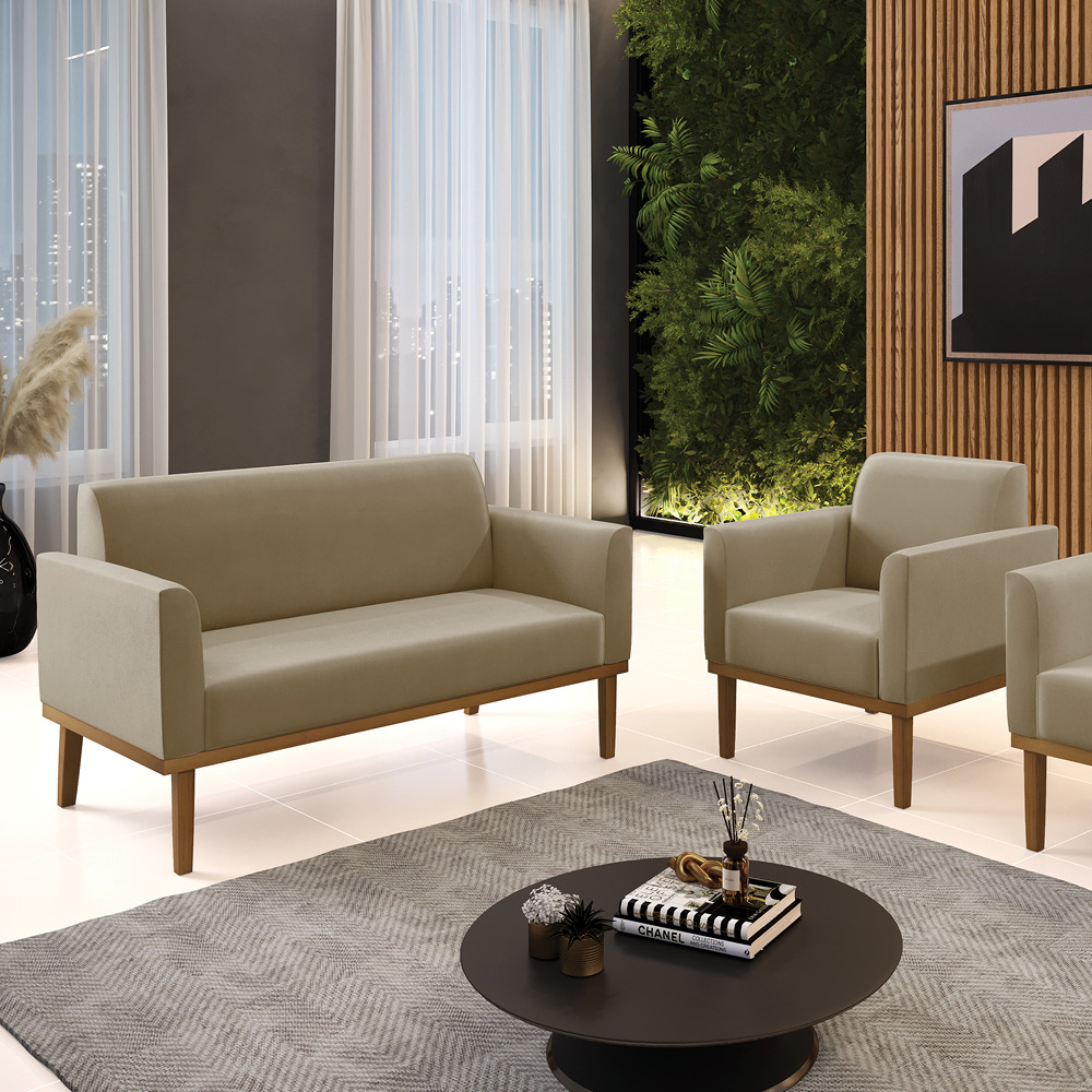 Conjunto Poltrona e Namoradeira Decorativa Isabella Pés Fixo em Madeira Castanho Suede Nude G19 - Gran Belo