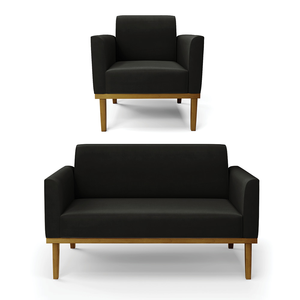 Conjunto Poltrona e Namoradeira Decorativa Isabella Pés Fixo em Madeira Castanho Suede Preto G19 - Gran Belo
