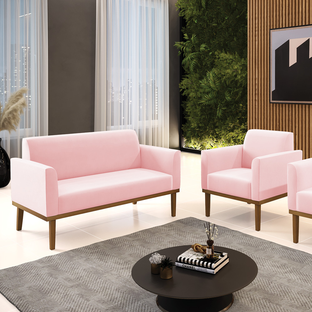 Conjunto Poltrona e Namoradeira Decorativa Isabella Pés Fixo em Madeira Castanho Suede Rosa Bebê G19 - Gran Belo