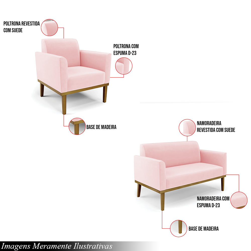 Conjunto Poltrona e Namoradeira Decorativa Isabella Pés Fixo em Madeira Castanho Suede Rosa Bebê G19 - Gran Belo