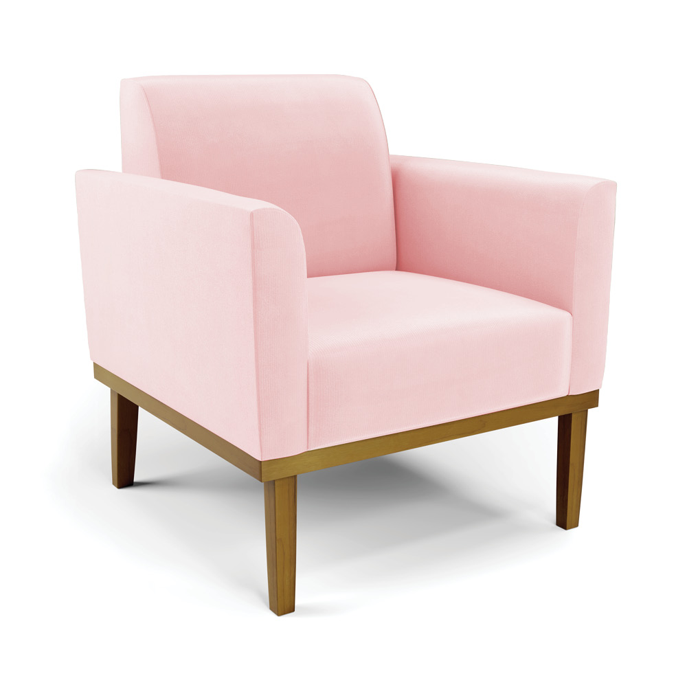 Conjunto Poltrona e Namoradeira Decorativa Isabella Pés Fixo em Madeira Castanho Suede Rosa Bebê G19 - Gran Belo