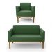 Conjunto Poltrona e Namoradeira Decorativa Isabella Pés Fixo em Madeira Castanho Suede Verde G19 - Gran Belo