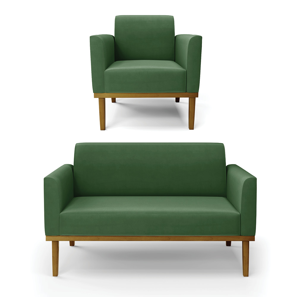 Conjunto Poltrona e Namoradeira Decorativa Isabella Pés Fixo em Madeira Castanho Suede Verde G19 - Gran Belo