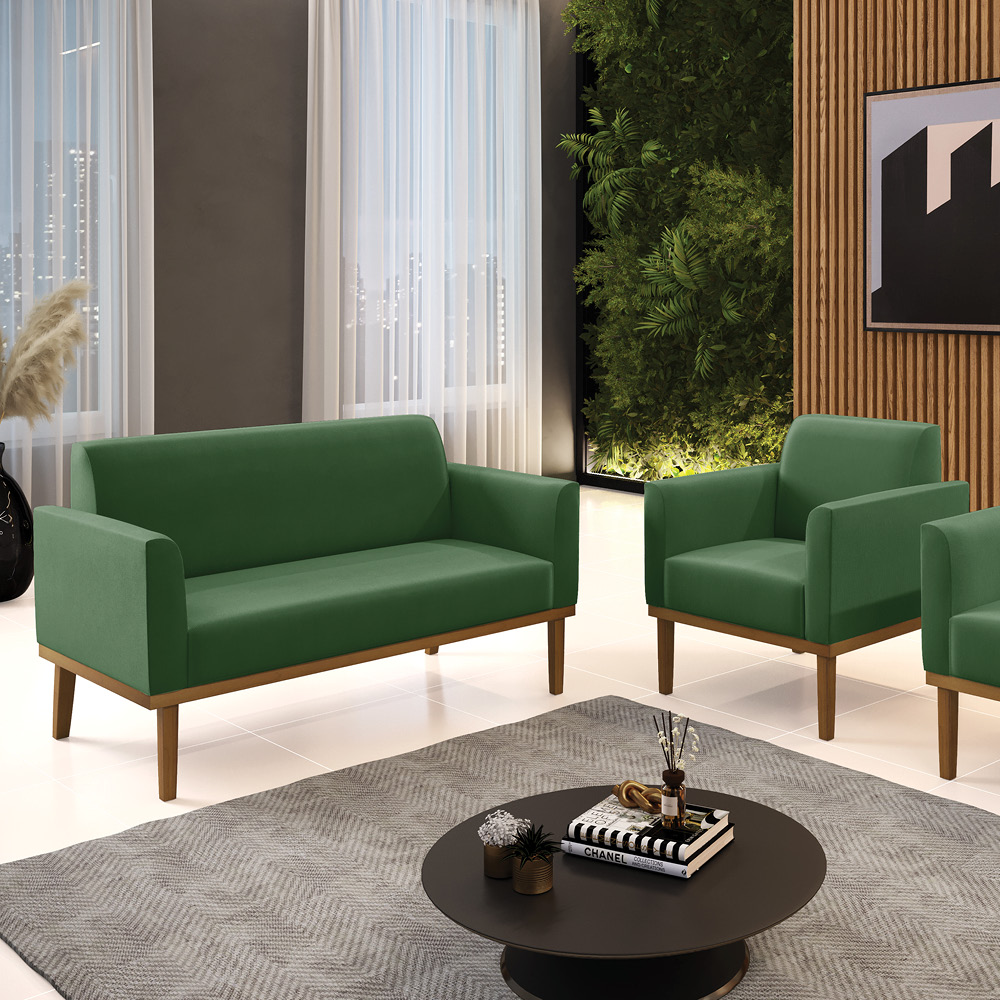 Conjunto Poltrona e Namoradeira Decorativa Isabella Pés Fixo em Madeira Castanho Suede Verde G19 - Gran Belo