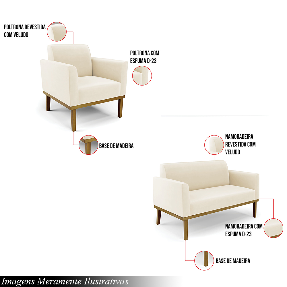 Conjunto Poltrona e Namoradeira Decorativa Isabella Pés Fixo em Madeira Castanho Veludo Bege G19 - Gran Belo