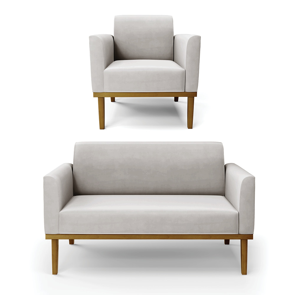 Conjunto Poltrona e Namoradeira Decorativa Isabella Pés Fixo em Madeira Castanho Veludo Cinza G19 - Gran Belo