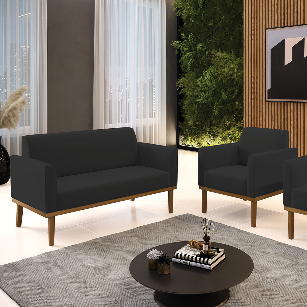 Conjunto Poltrona e Namoradeira Decorativa Isabella Pés Fixo em Madeira Castanho Veludo Preto G19 - Gran Belo