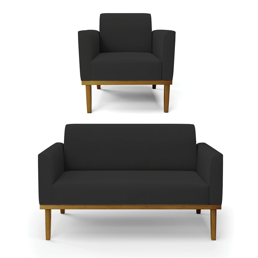 Conjunto Poltrona e Namoradeira Decorativa Isabella Pés Fixo em Madeira Castanho Veludo Preto G19 - Gran Belo