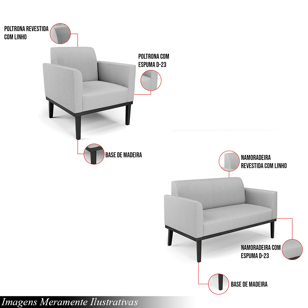 Conjunto Poltrona e Namoradeira Decorativa Isabella Pés Fixo em Madeira Preto Linho Cinza G19 - Gran Belo
