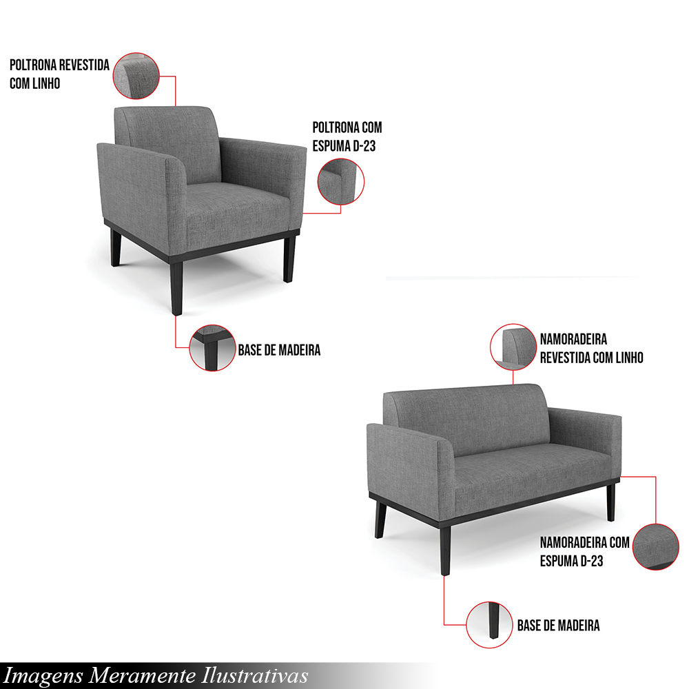 Conjunto Poltrona e Namoradeira Decorativa Isabella Pés Fixo em Madeira Preto Linho Cinza Mesclado G19 - Gran Belo