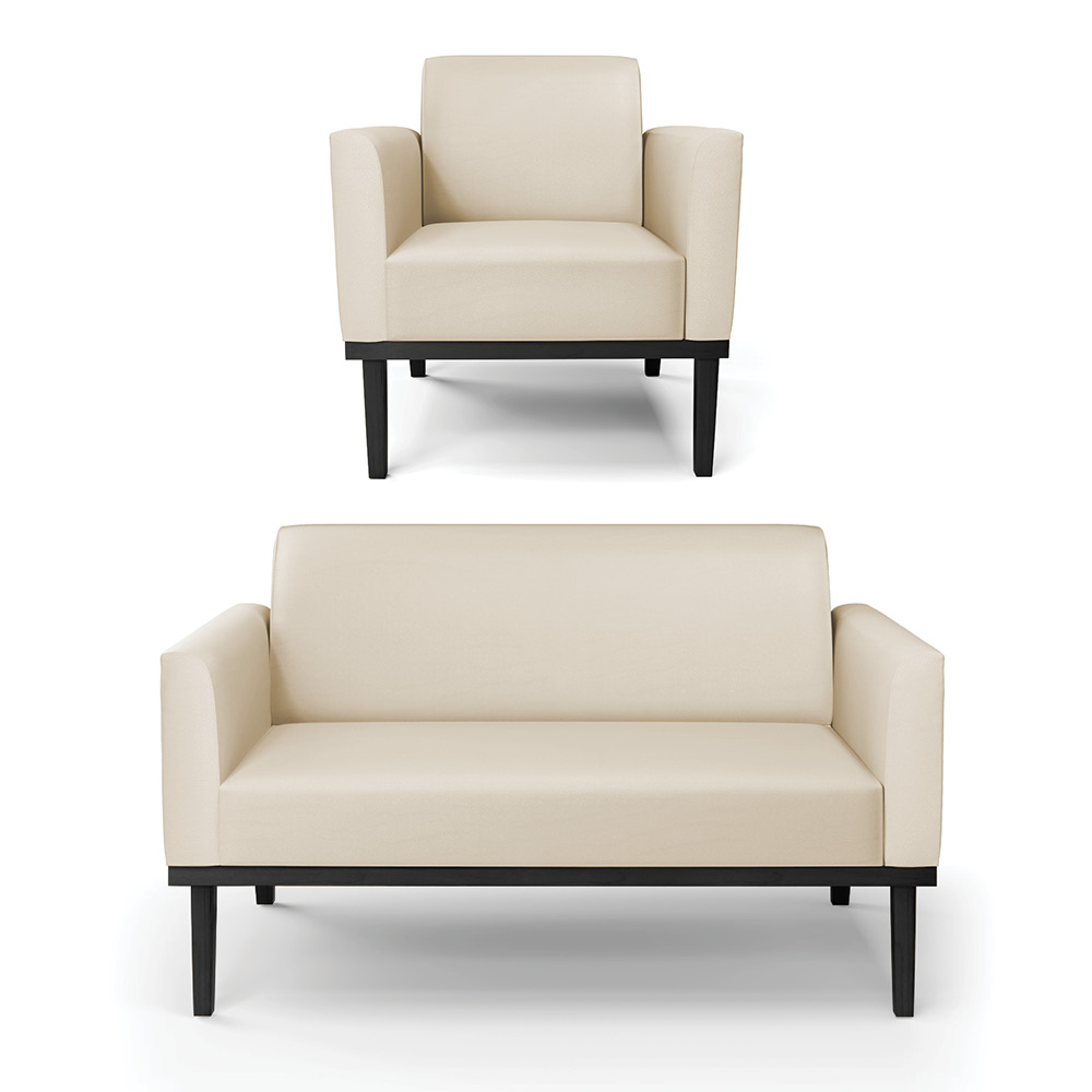 Conjunto Poltrona e Namoradeira Decorativa Isabella Pés Fixo em Madeira Preto PU Bege G19 - Gran Belo