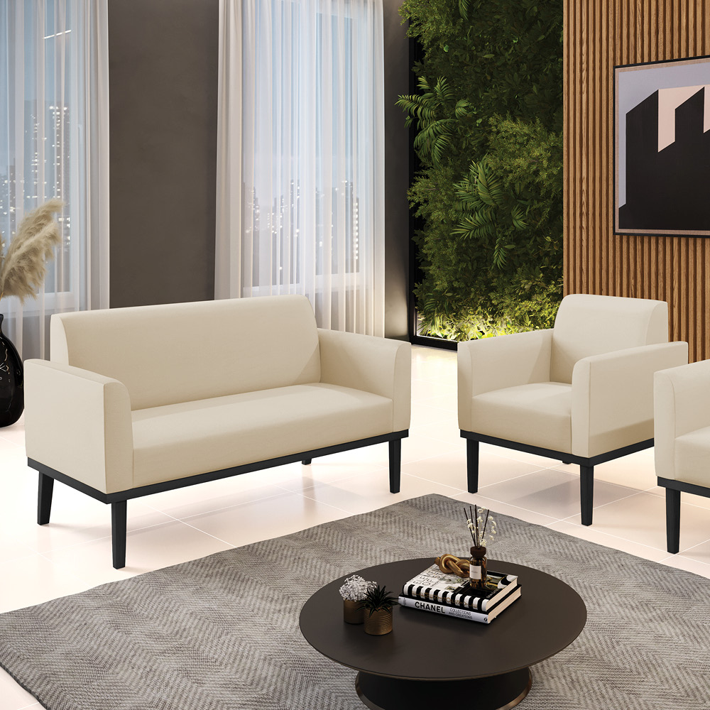Conjunto Poltrona e Namoradeira Decorativa Isabella Pés Fixo em Madeira Preto PU Bege G19 - Gran Belo