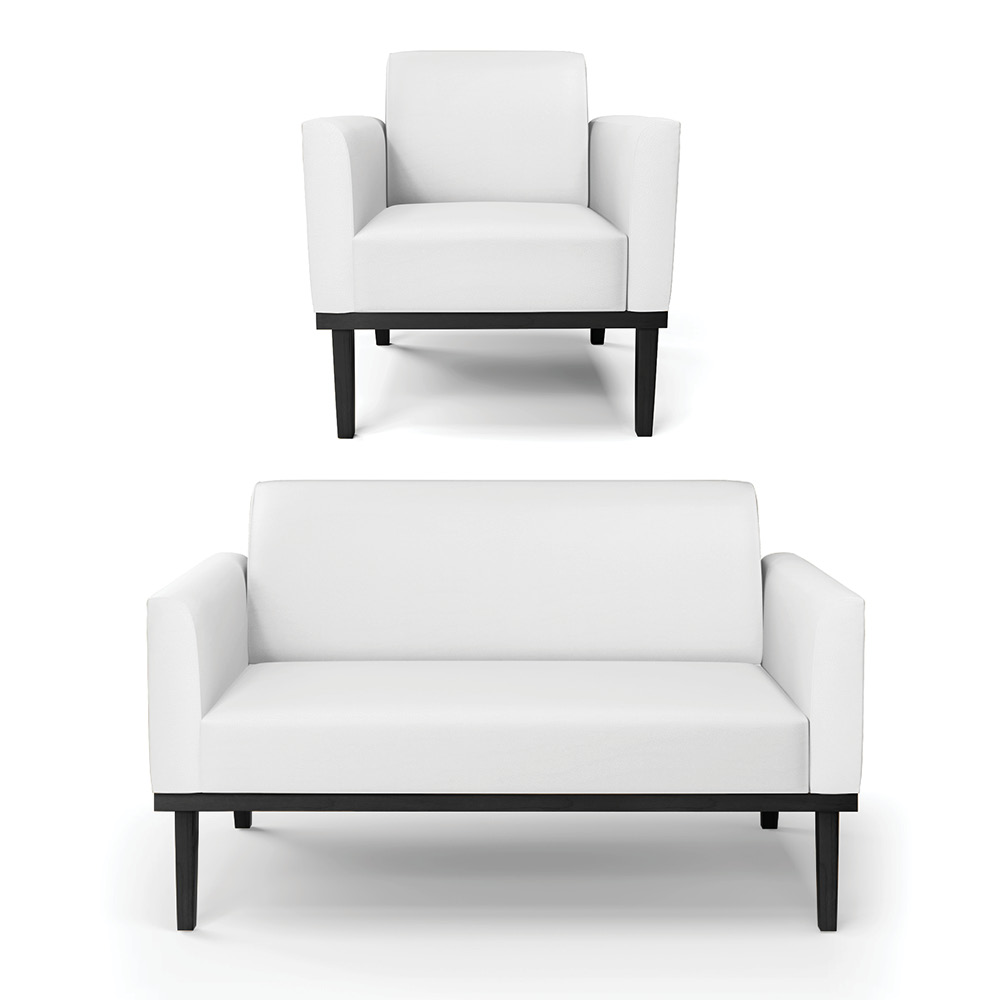 Conjunto Poltrona e Namoradeira Decorativa Isabella Pés Fixo em Madeira Preto PU Branco G19 - Gran Belo