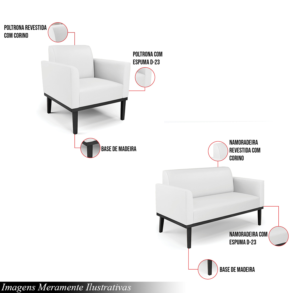 Conjunto Poltrona e Namoradeira Decorativa Isabella Pés Fixo em Madeira Preto PU Branco G19 - Gran Belo