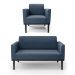Conjunto Poltrona e Namoradeira Decorativa Isabella Pés Fixo em Madeira Preto Suede Azul Marinho G19 - Gran Belo