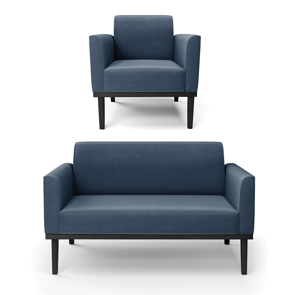 Conjunto Poltrona e Namoradeira Decorativa Isabella Pés Fixo em Madeira Preto Suede Azul Marinho G19 - Gran Belo