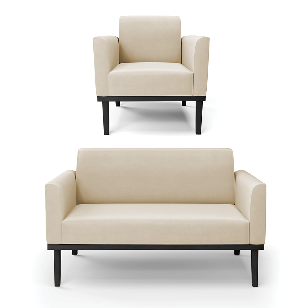 Conjunto Poltrona e Namoradeira Decorativa Isabella Pés Fixo em Madeira Preto Suede Bege G19 - Gran Belo