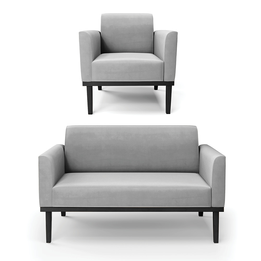 Conjunto Poltrona e Namoradeira Decorativa Isabella Pés Fixo em Madeira Preto Suede Cinza G19 - Gran Belo