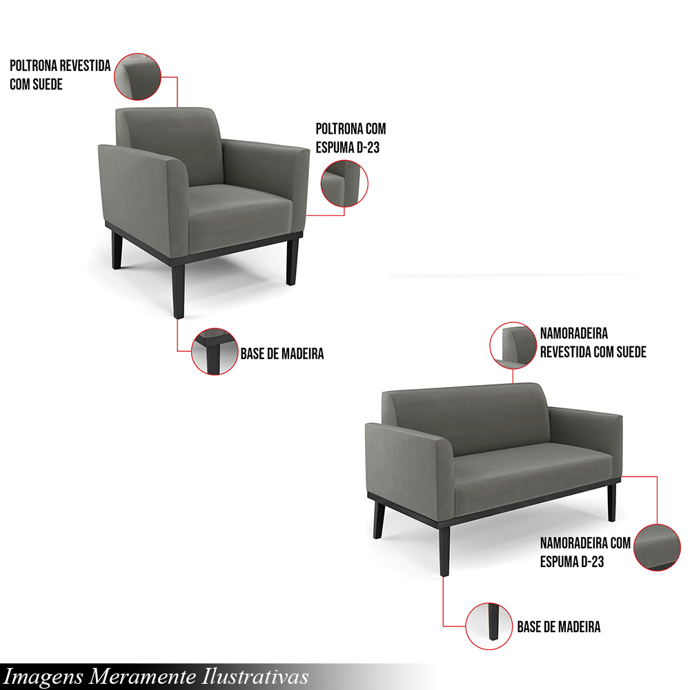 Conjunto Poltrona e Namoradeira Decorativa Isabella Pés Fixo em Madeira Preto Suede Grafite G19 - Gran Belo