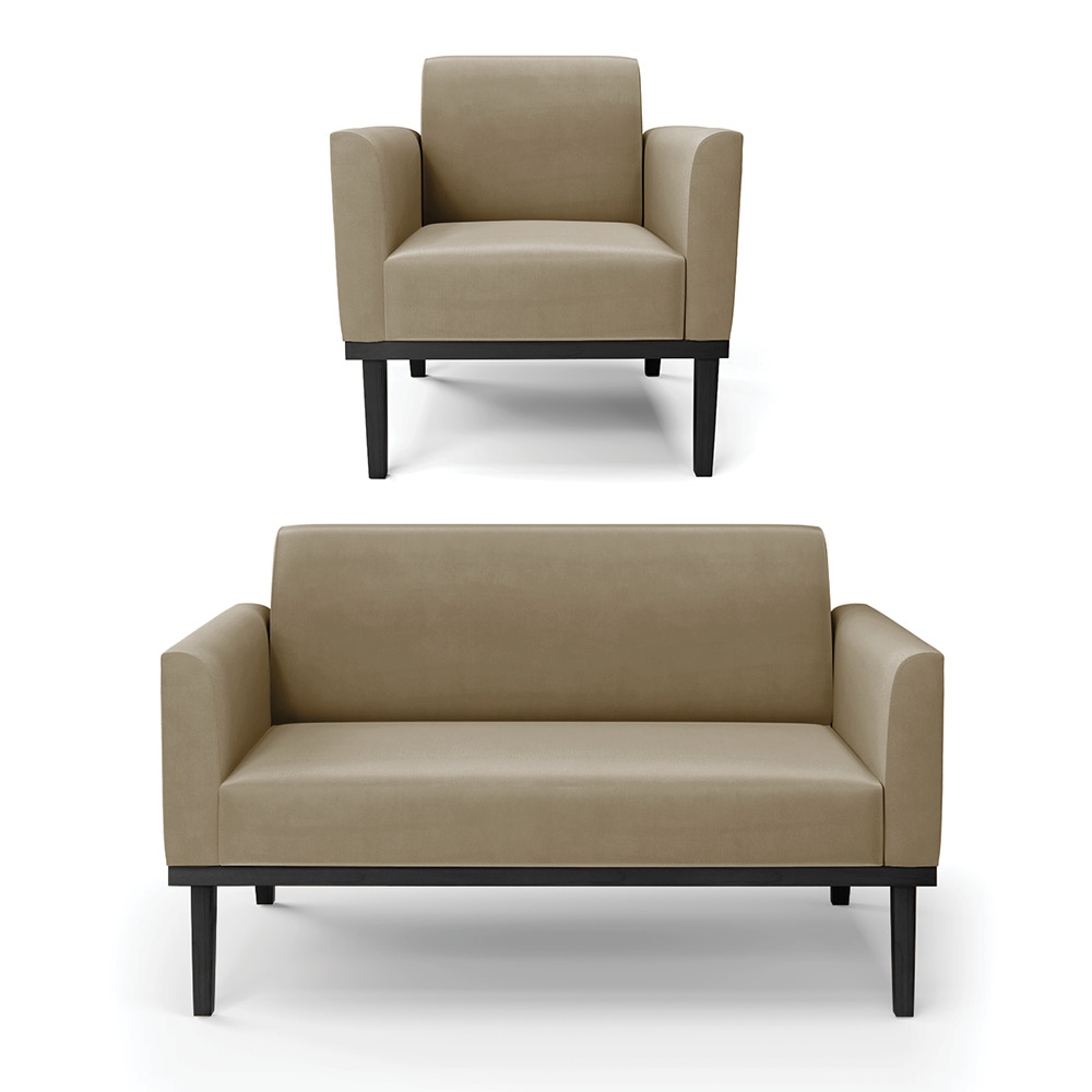 Conjunto Poltrona e Namoradeira Decorativa Isabella Pés Fixo em Madeira Preto Suede Nude G19 - Gran Belo