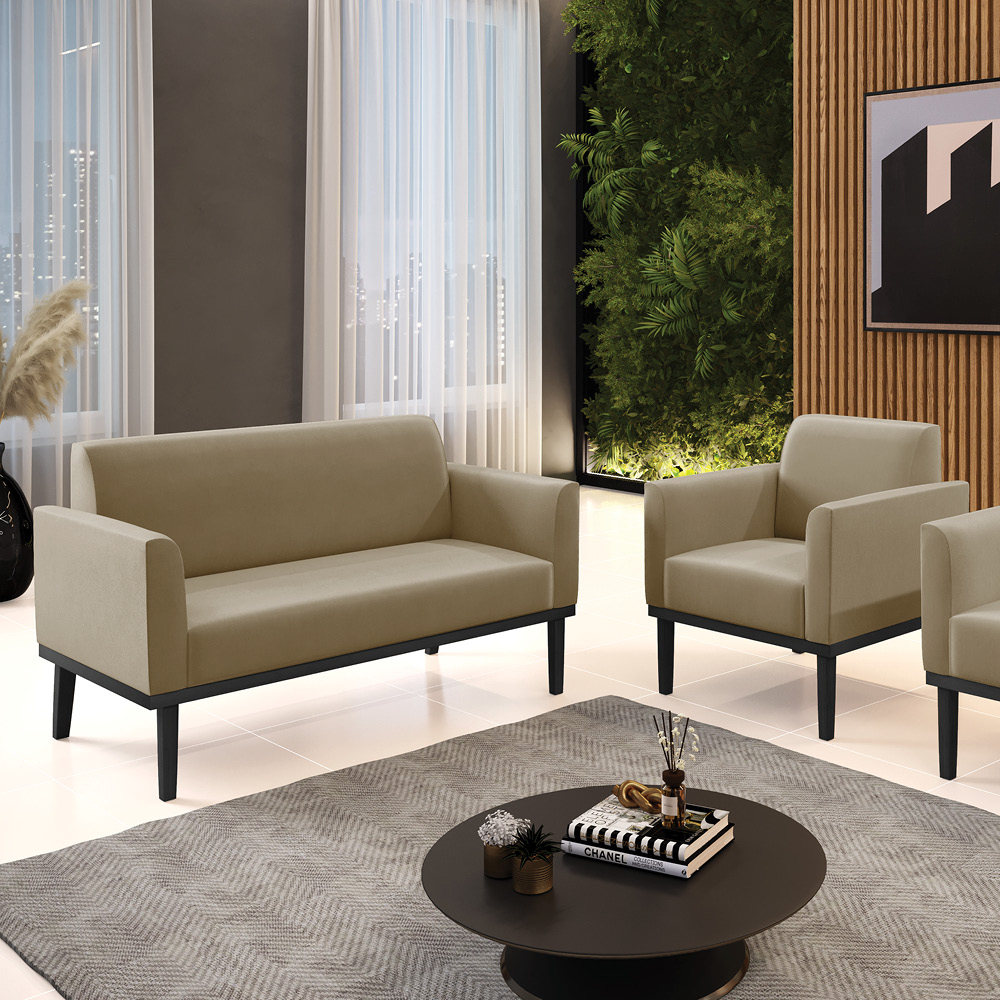 Conjunto Poltrona e Namoradeira Decorativa Isabella Pés Fixo em Madeira Preto Suede Nude G19 - Gran Belo