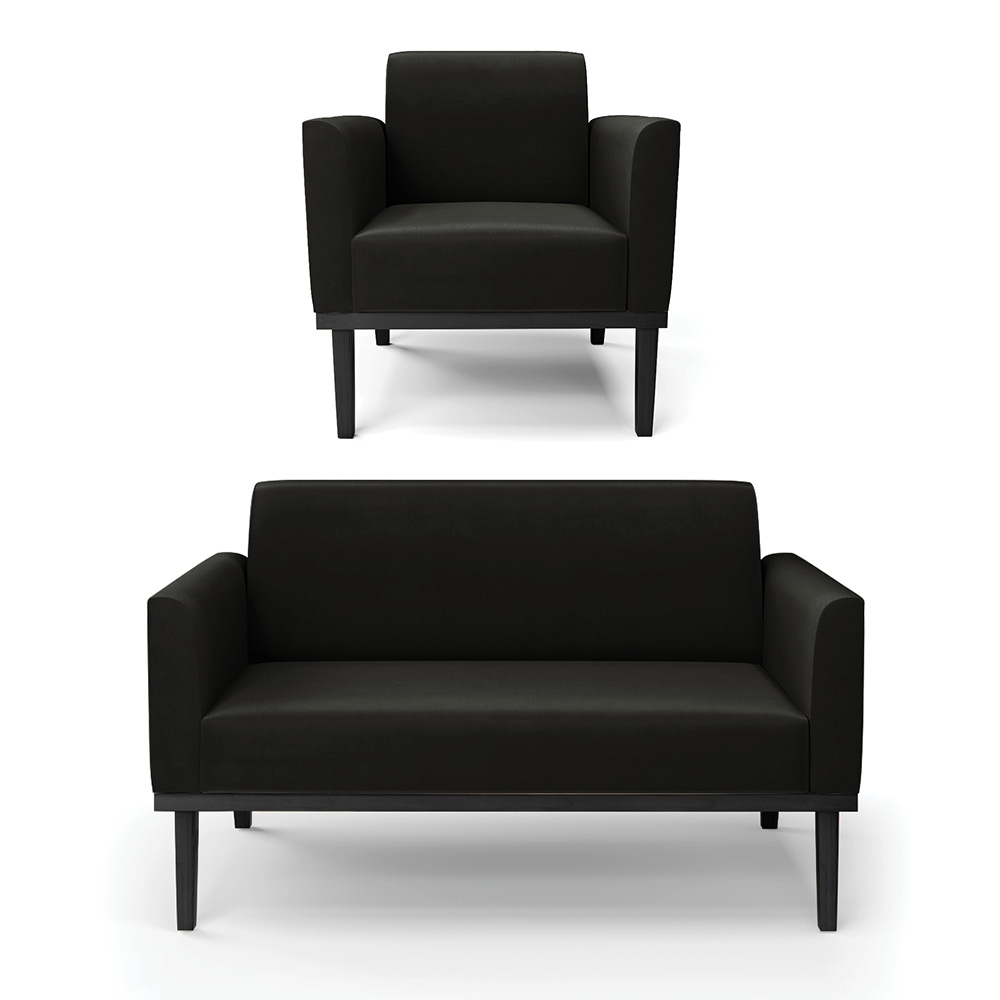 Conjunto Poltrona e Namoradeira Decorativa Isabella Pés Fixo em Madeira Preto Suede Preto G19 - Gran Belo