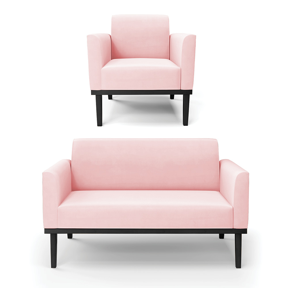 Conjunto Poltrona e Namoradeira Decorativa Isabella Pés Fixo em Madeira Preto Suede Rosa Bebê G19 - Gran Belo